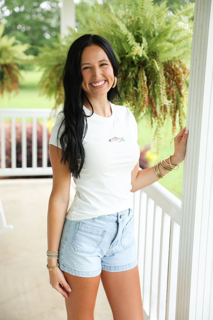 Fish Embroidered Baby Tee "Off White"