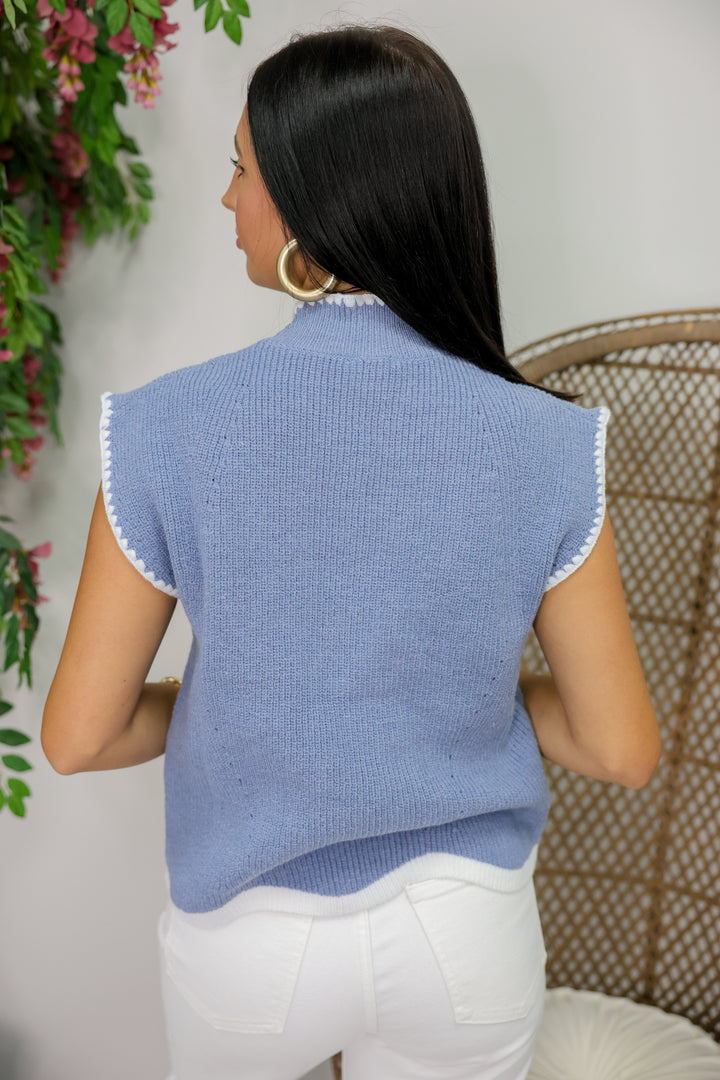 Scallop Trim Contrasting Cap Sleeve Sweater "Denim"