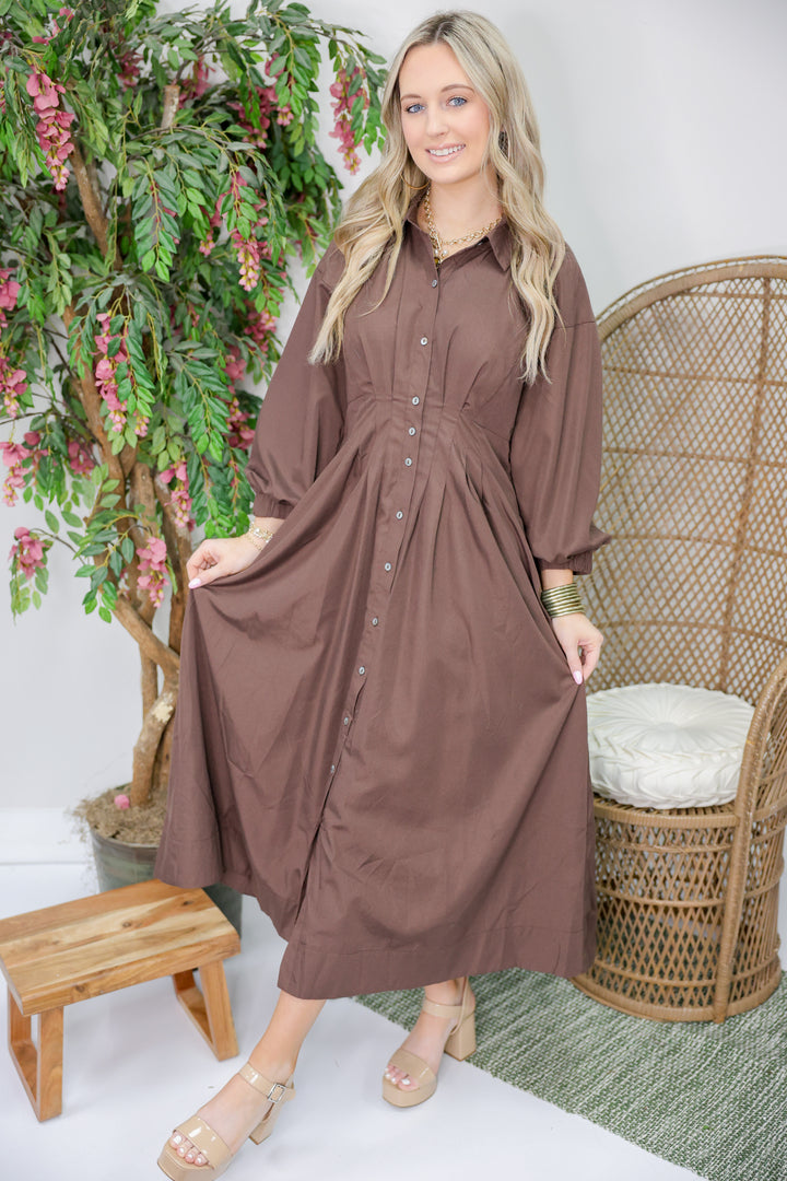 Mary Solid Long Sleeve Midi Dress "Brown"