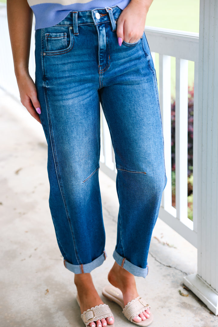 Risen - High Rise Boyfriend Cuffed Barrel Jeans "Dark Denim"
