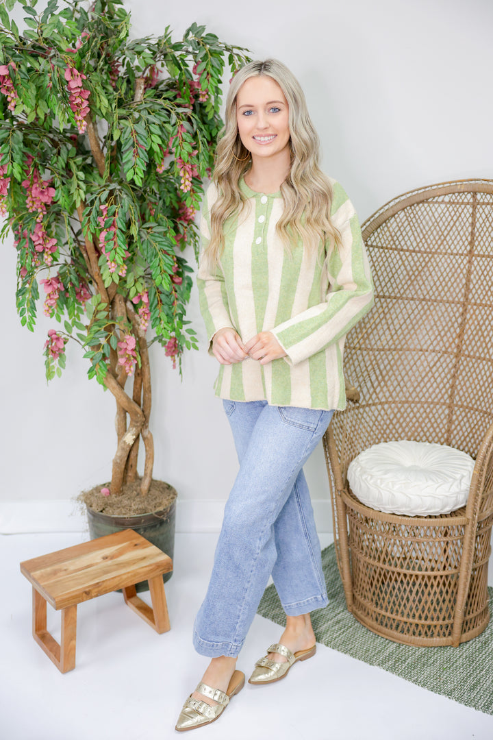 Striped Sweater Top With Front Buttoned "LT Olive"