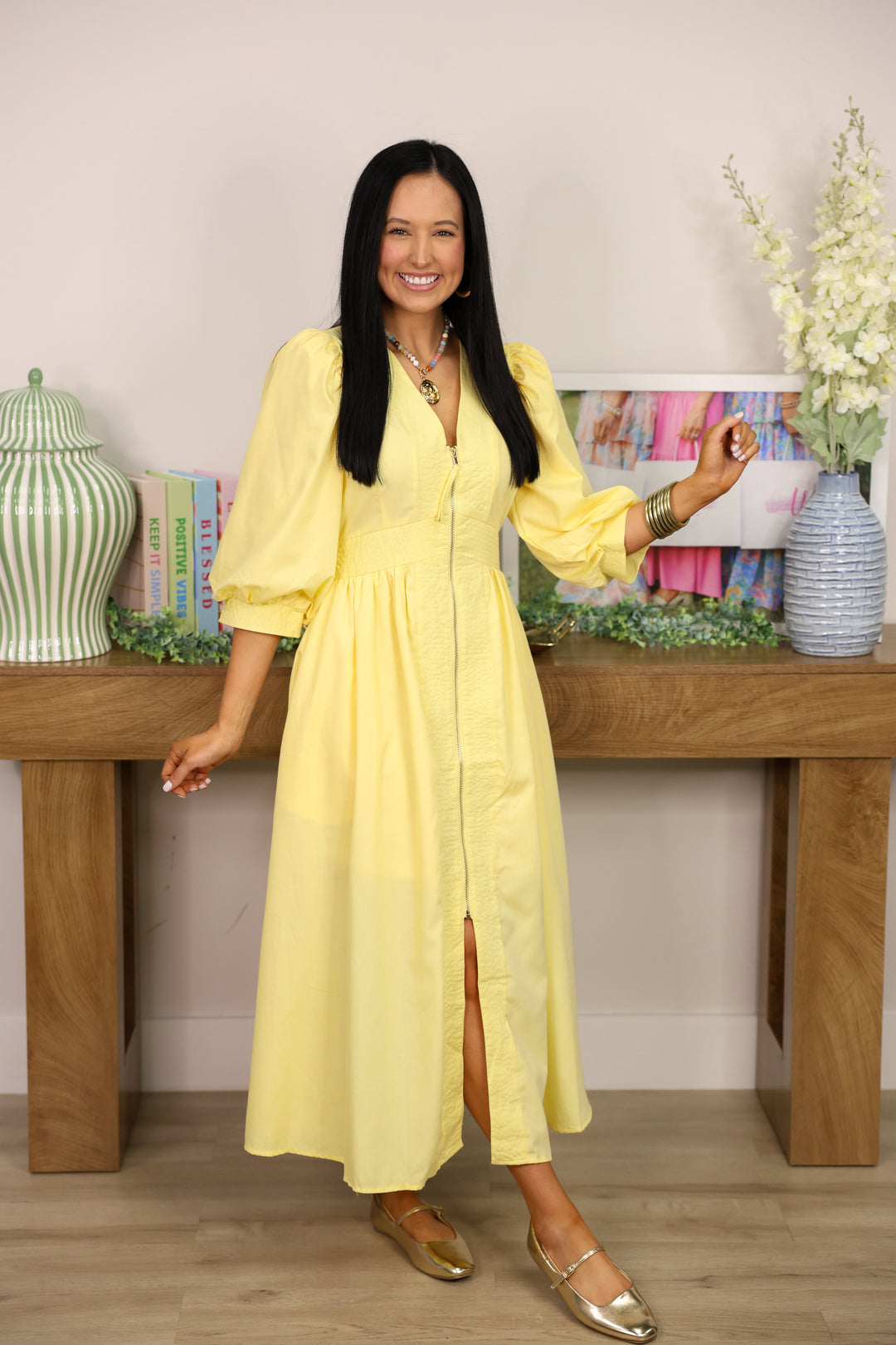 3 4 sleeve midi dress Blue 3/4 Length Sleeve Round Neck Natural Summer Floral Midi Dress