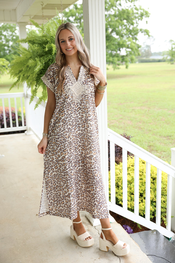 Leopard Print Midi Dress W/ Braided Applique