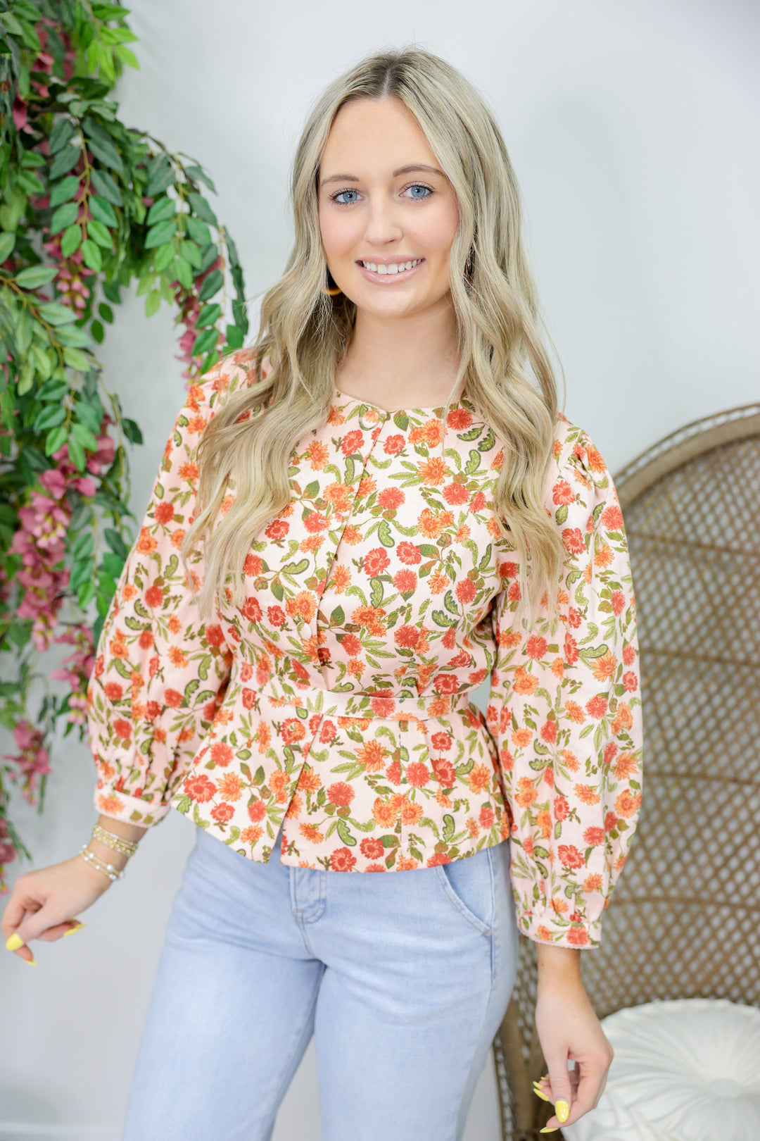 Peach Rust Floral Button Top