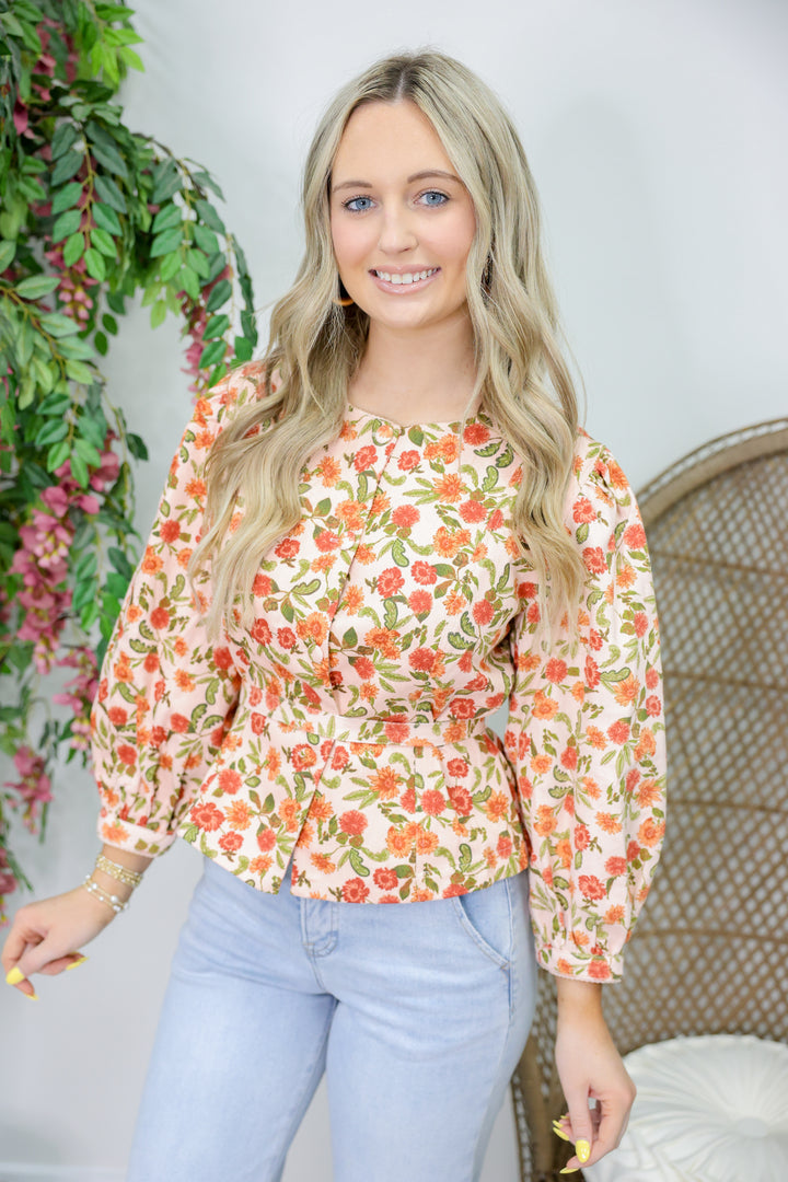 Peach Rust Floral Button Top
