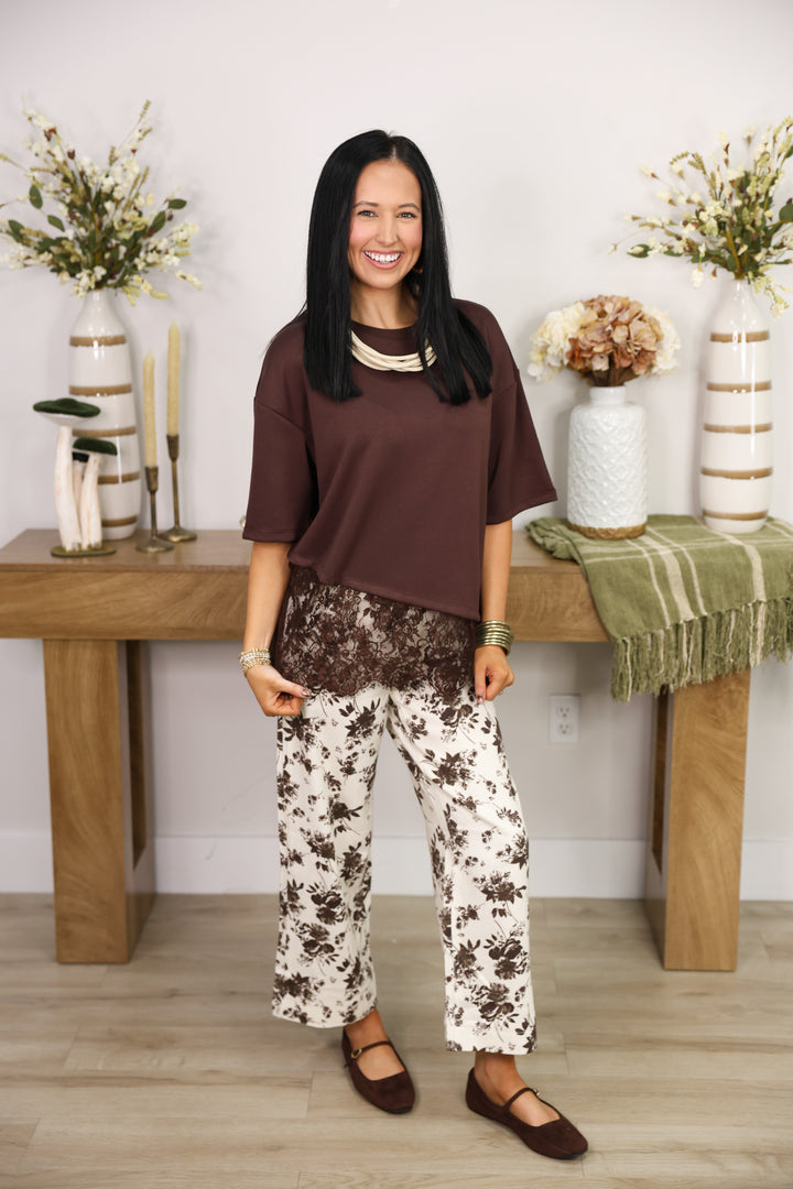 Solid Short Sleeve Knit Top W/ Scallop Lace Hem Detail "Brown"