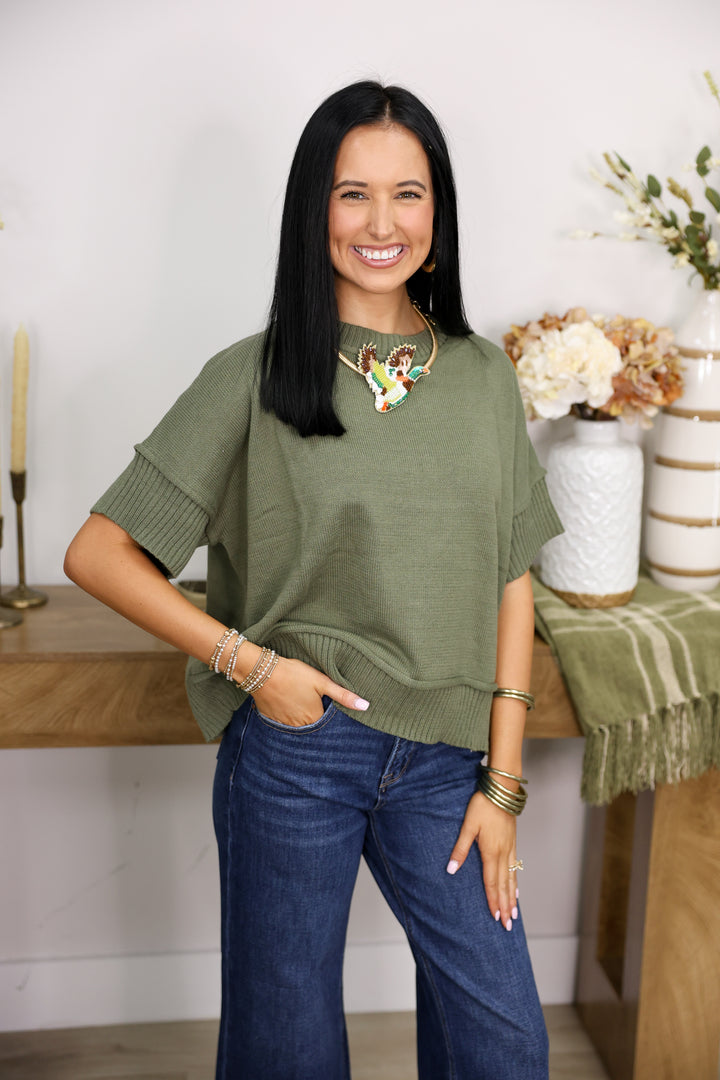 Drop Half Sleeve Crew Neck Sweater "Olive"