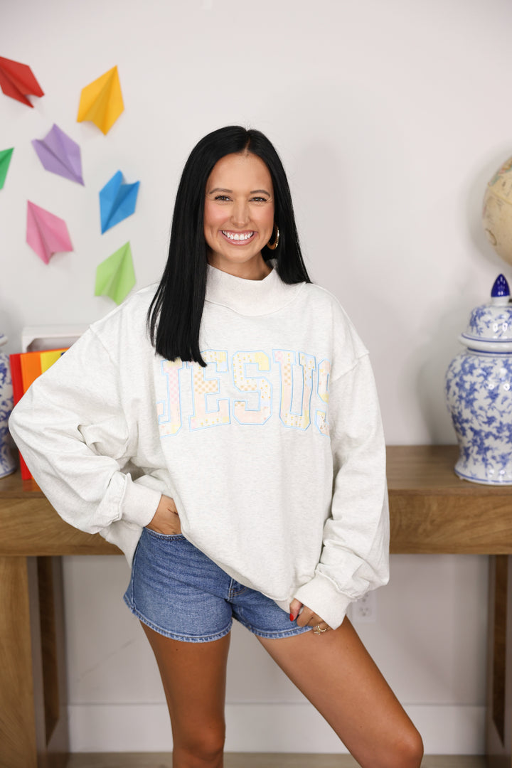 Patchwork Embroidered "JESUS" Applique Sweatshirt "Ash Grey"