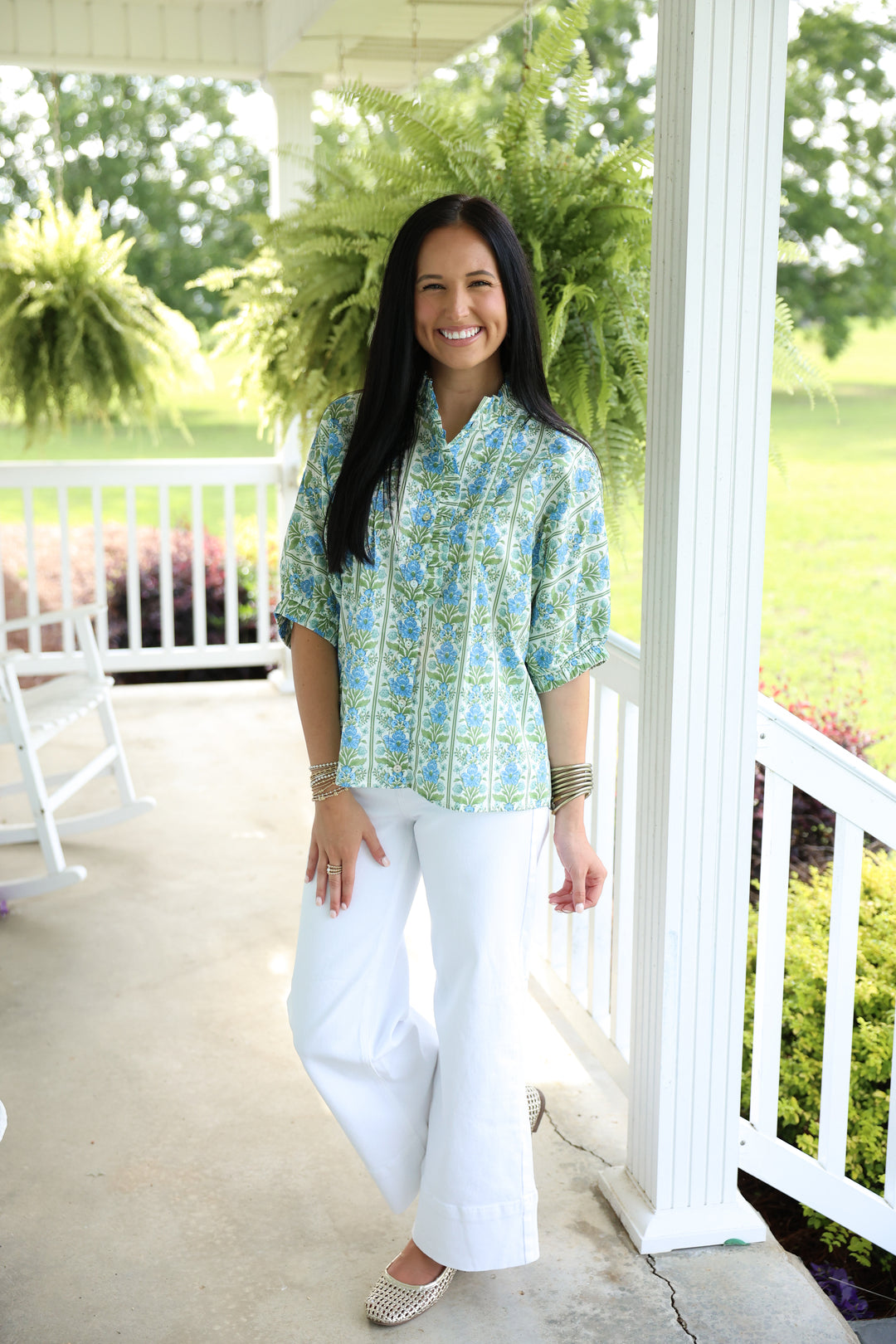 Botanical Print Short Dolman Sleeve Top "Blue"