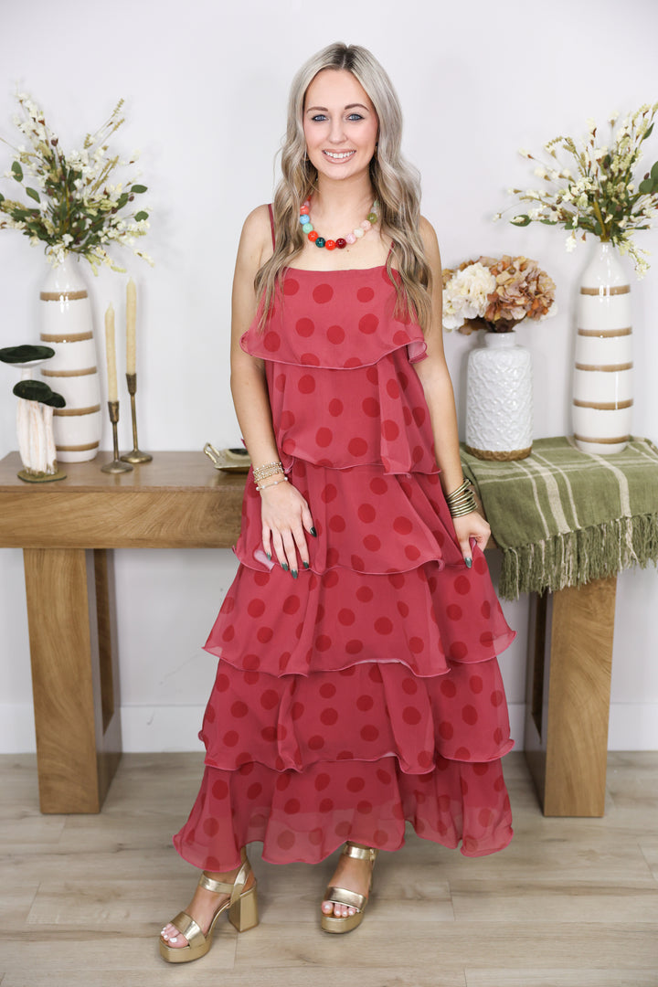 Tiered Polka Dot Maxi Dress "Burgundy"