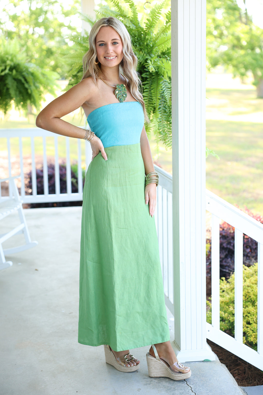 Mei Contrast Strapless Linen Maxi Dress "Aqua Blue/Green"
