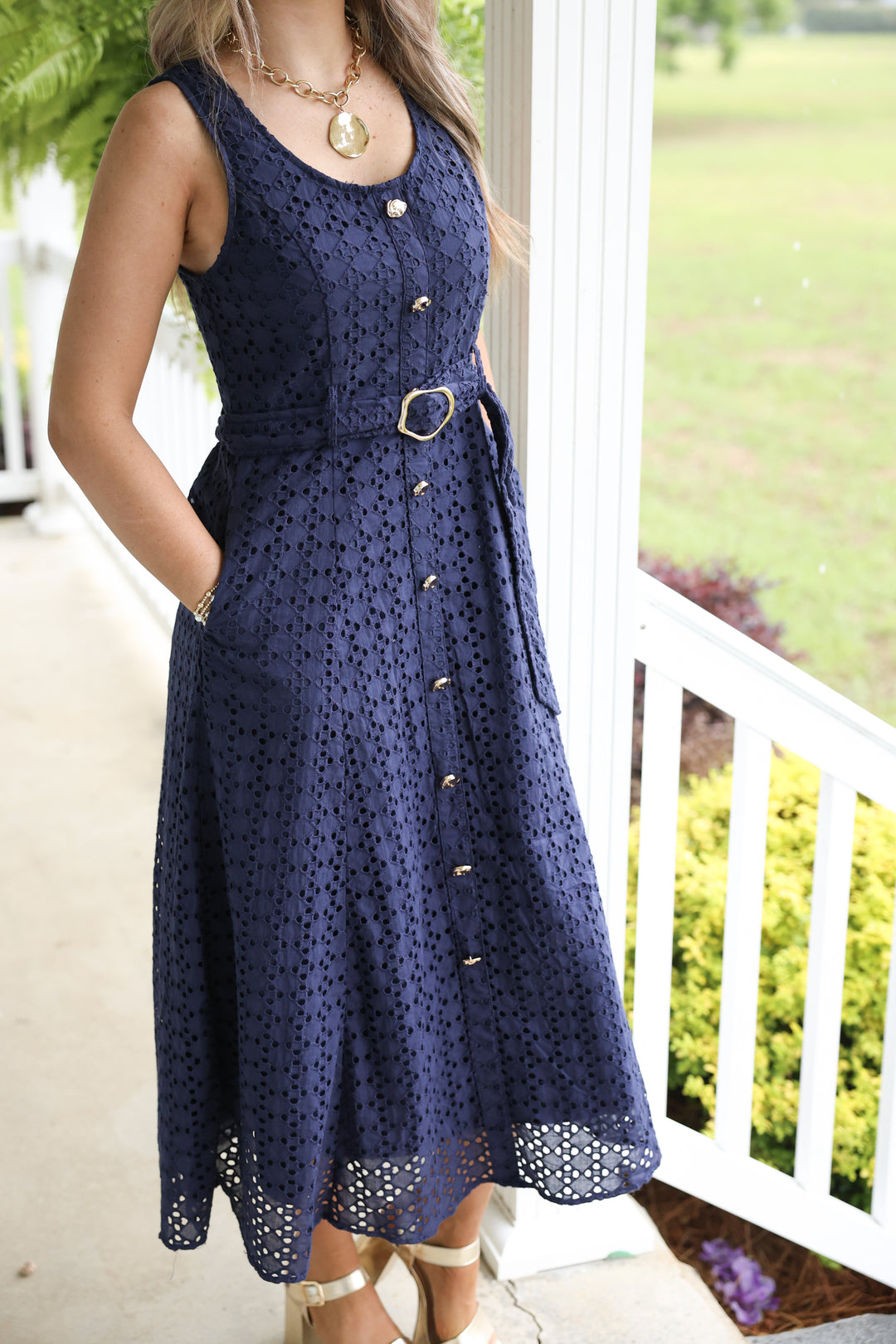 Everlasting Eyelet Sleeveless Midi Dress "Navy"
