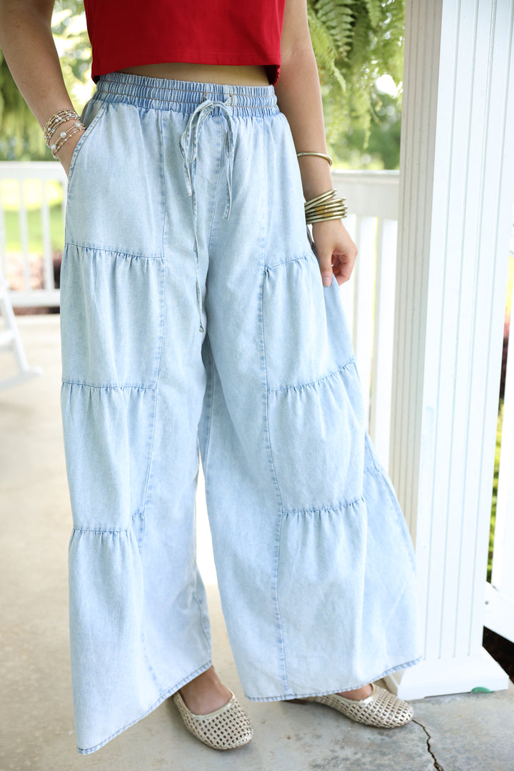 Tiered Layers Mineral Washed Chambray Pants "LT Indigo"