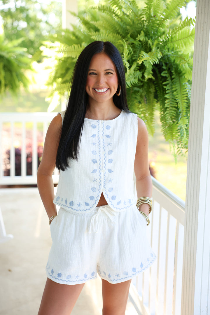Coastal Vibe Embroidered Vest & Short Set "Off White"