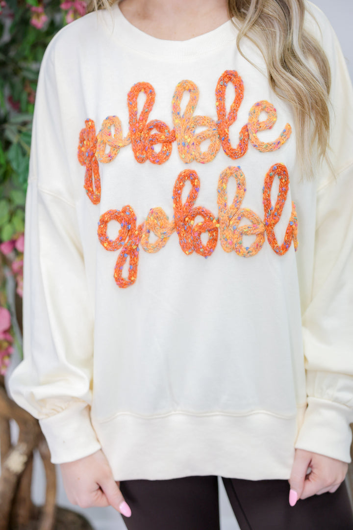 'Gobble Gobble' Thread Embroidered Oversized Sweatshirt