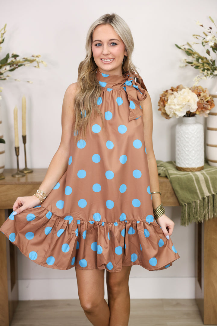 Tie Neck Sleeveless Polka Dot Mini Dress "Camel"