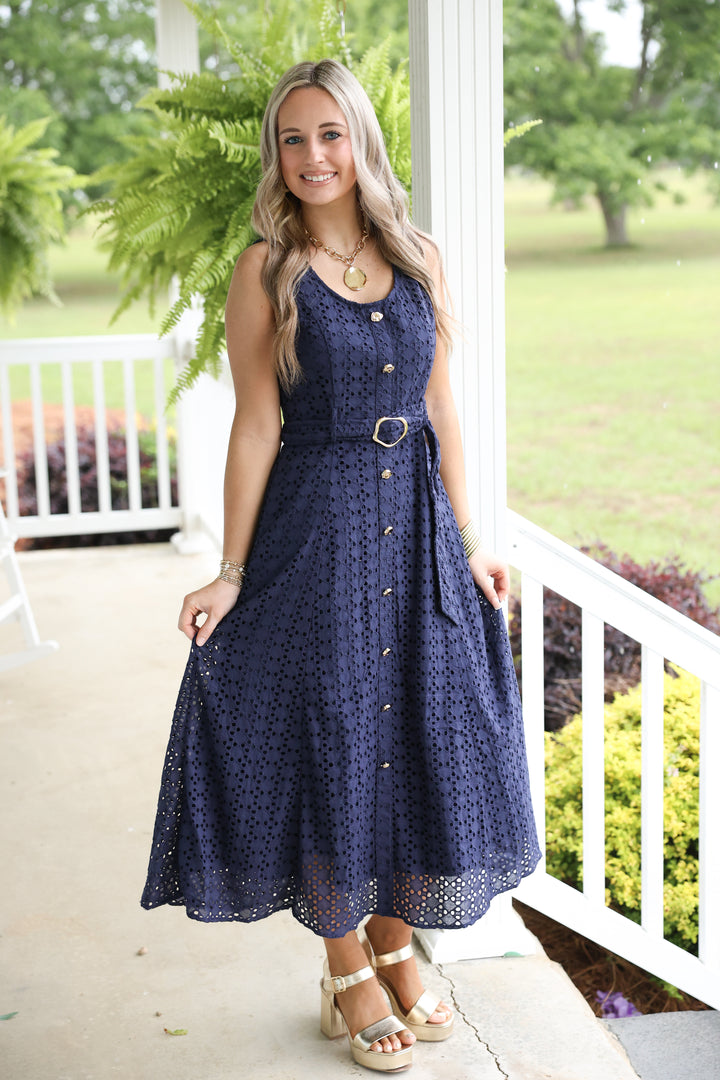 Everlasting Eyelet Sleeveless Midi Dress "Navy"