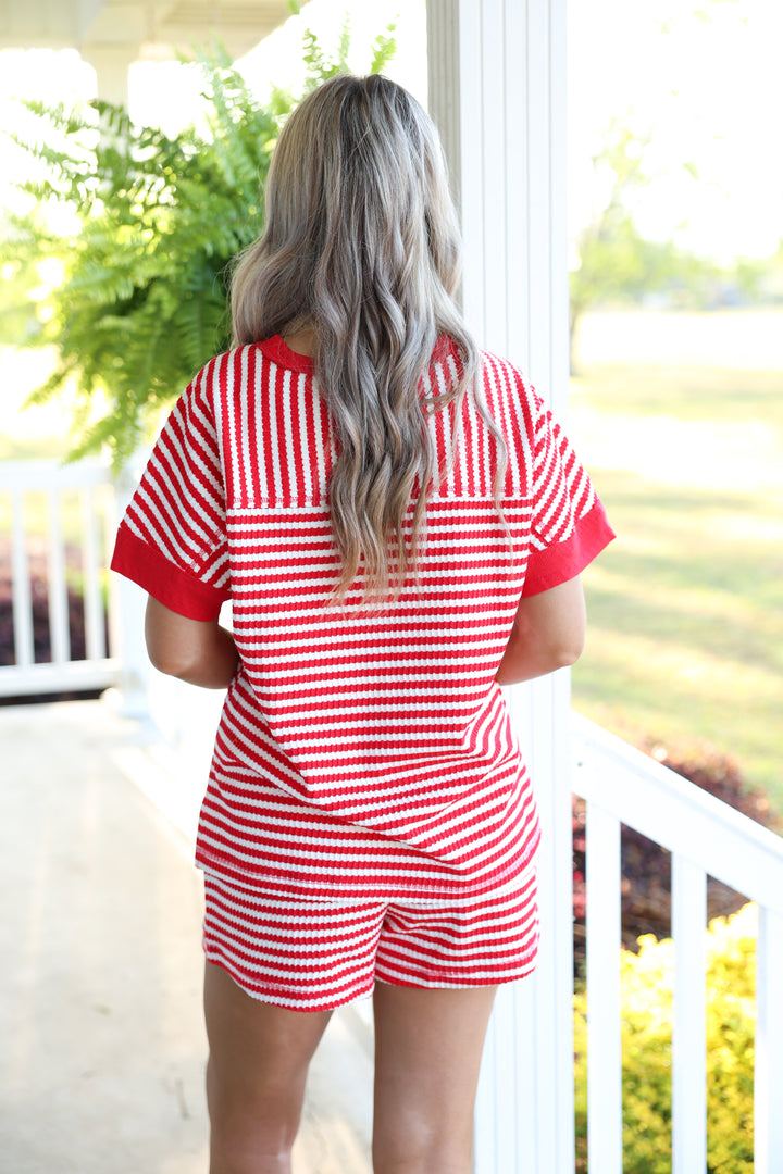 Striped Comfy Knit Top & Short Set "Red/White"