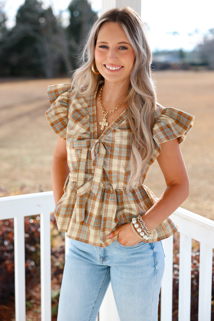 Toffee Plaid Ruffle Top