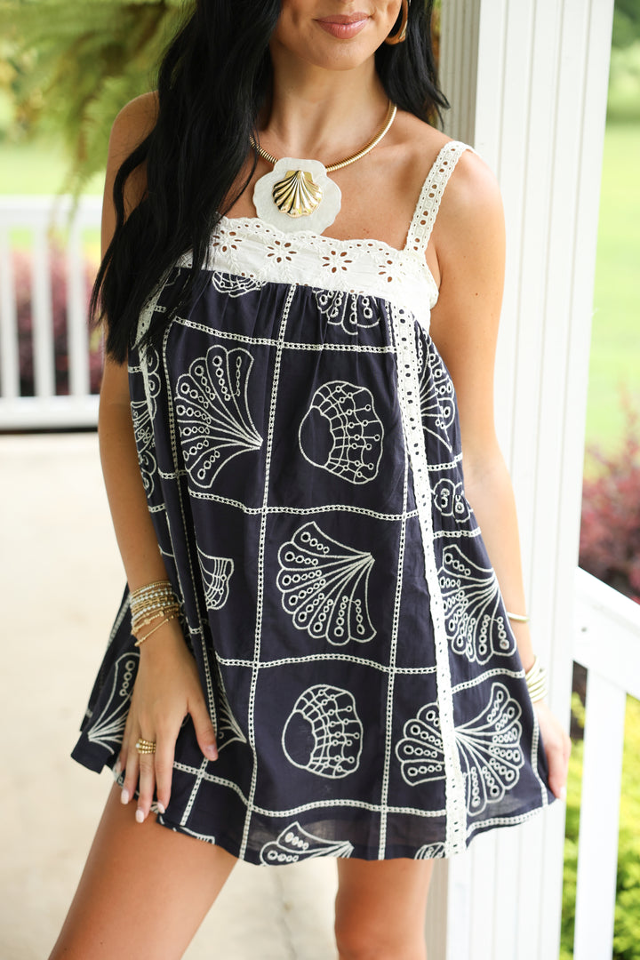 Eyelet Lace Trim Babydoll Mini Dress "Navy"
