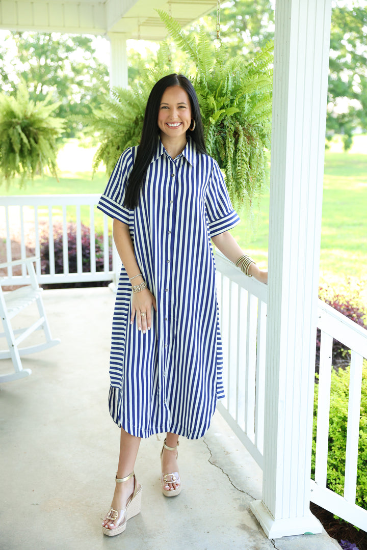 Striped Short Sleeve Midi Dress "Navy"