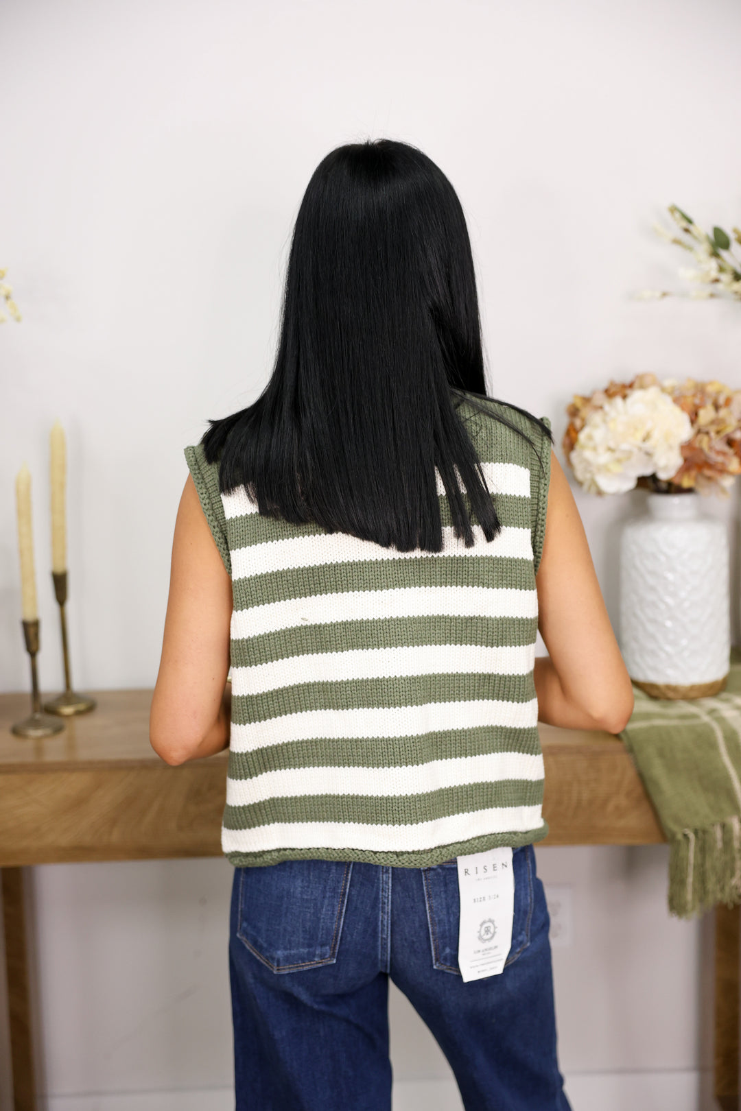 Sleeveless Striped Button Down Knit Vest "Olive"