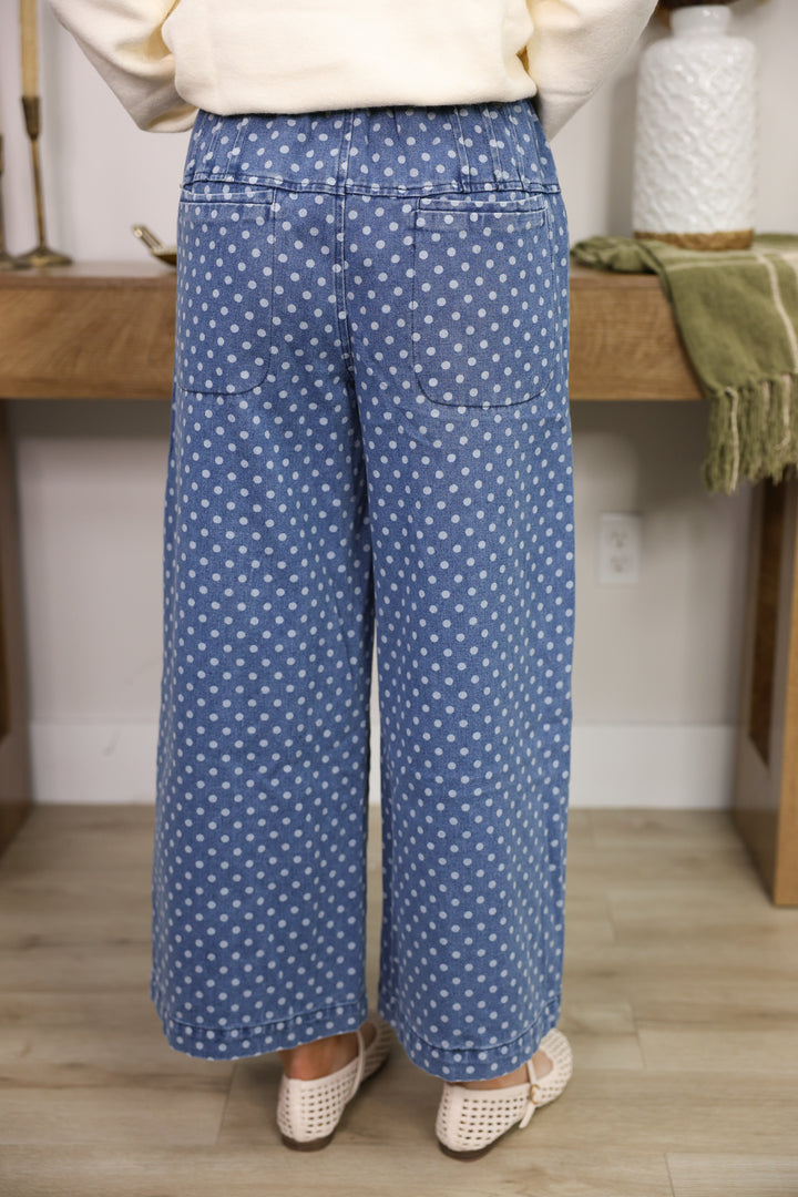 Front Button Up Wide Leg Polka Dot Pants "Denim"