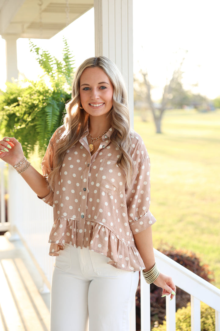 Polka Dot Short Sleeve Button Down Top "Sand"