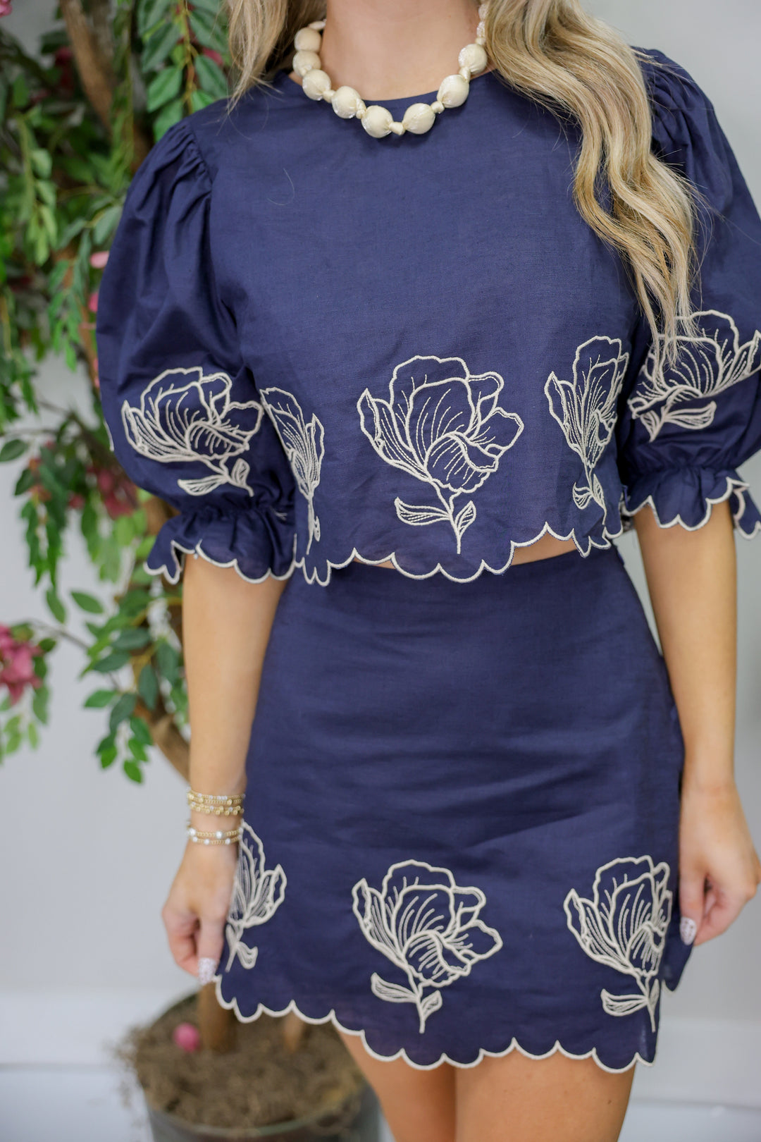 Navy Embroidered Top & Mini Skirt Set