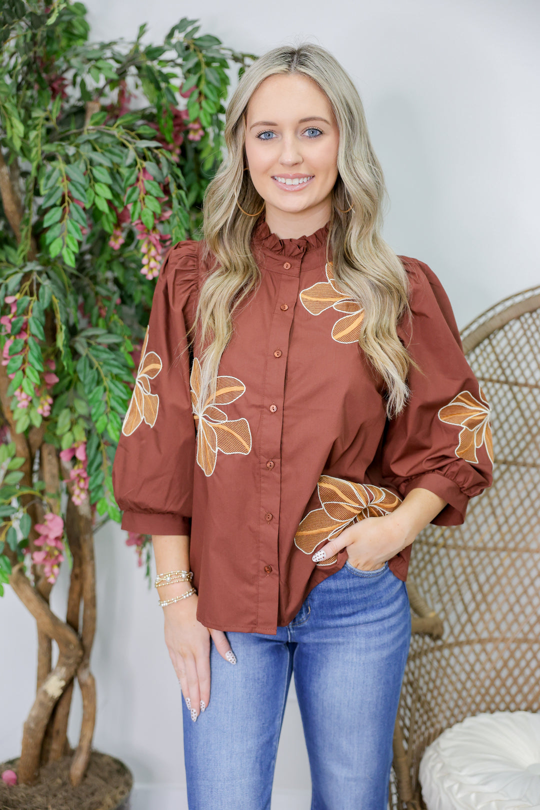 Floral Embroidery 3/4 Puff Sleeve Top "Chocolate"