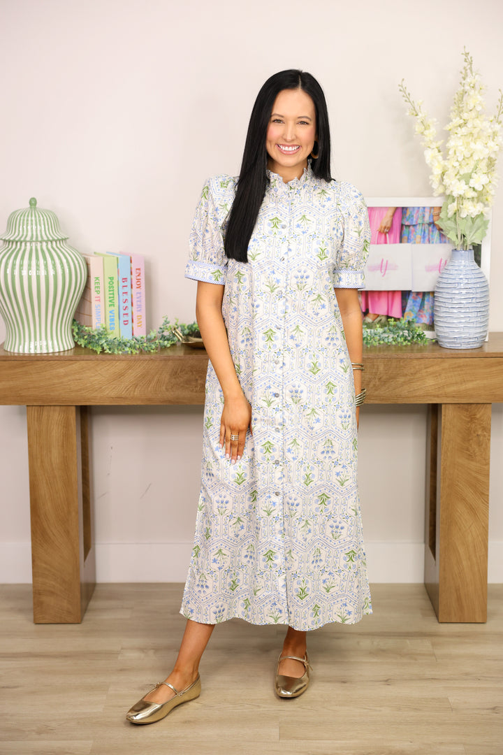Tea Garden Floral Midi Dress "Blue"