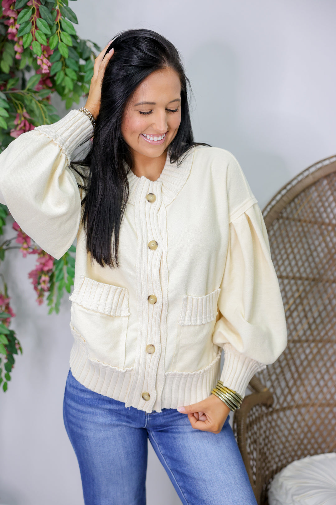 Solid Long Sleeve Knit Cardigan "Ecru"