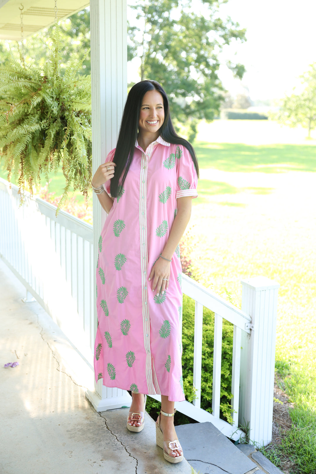 Botanical Embroidery/Stripe Midi Dress