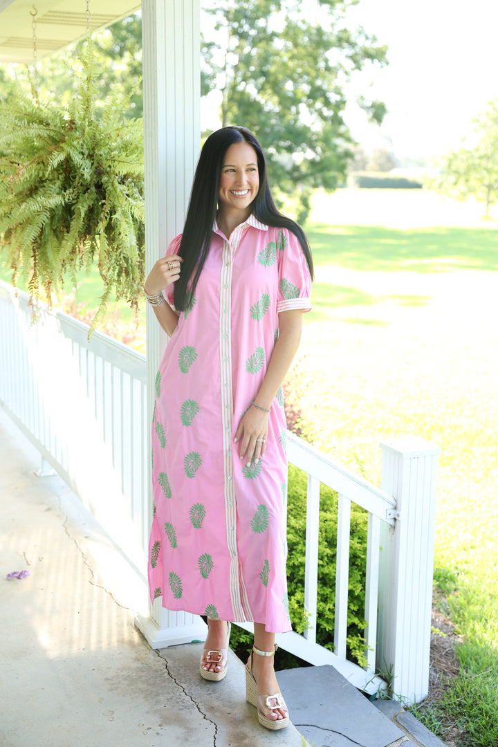 Botanical Embroidery/Stripe Midi Dress