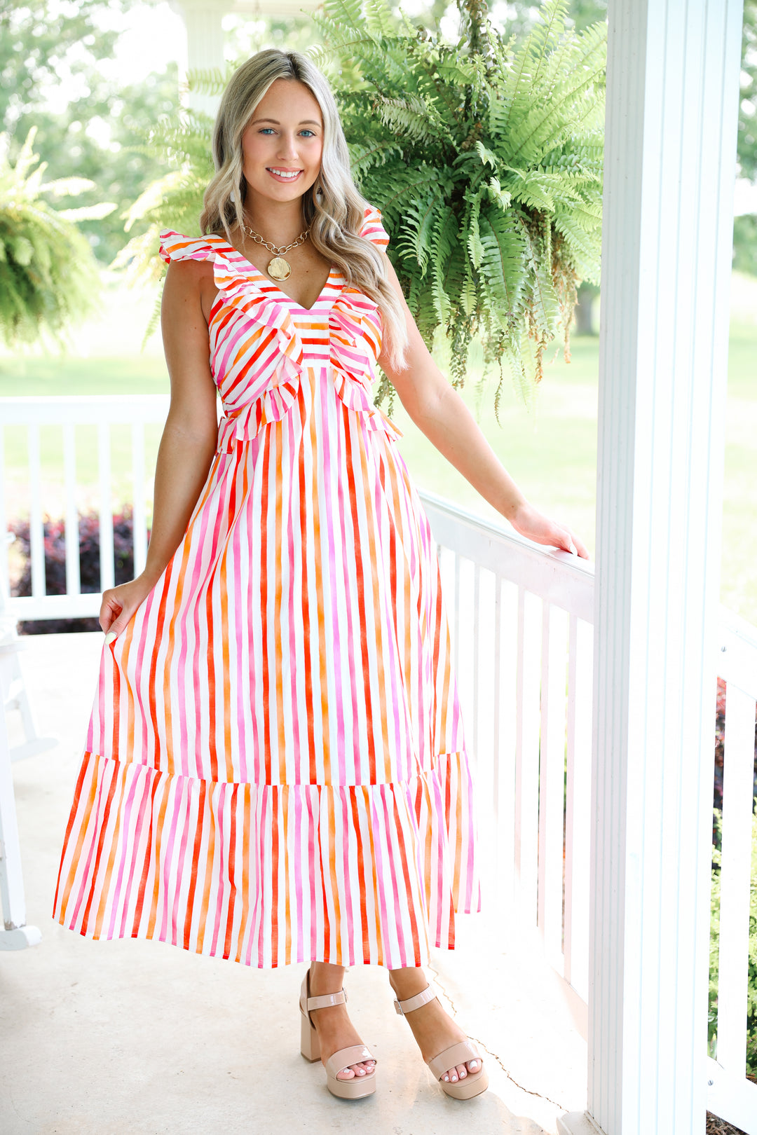 Pretty Poplin V-Neck Dress "Pink/Red"