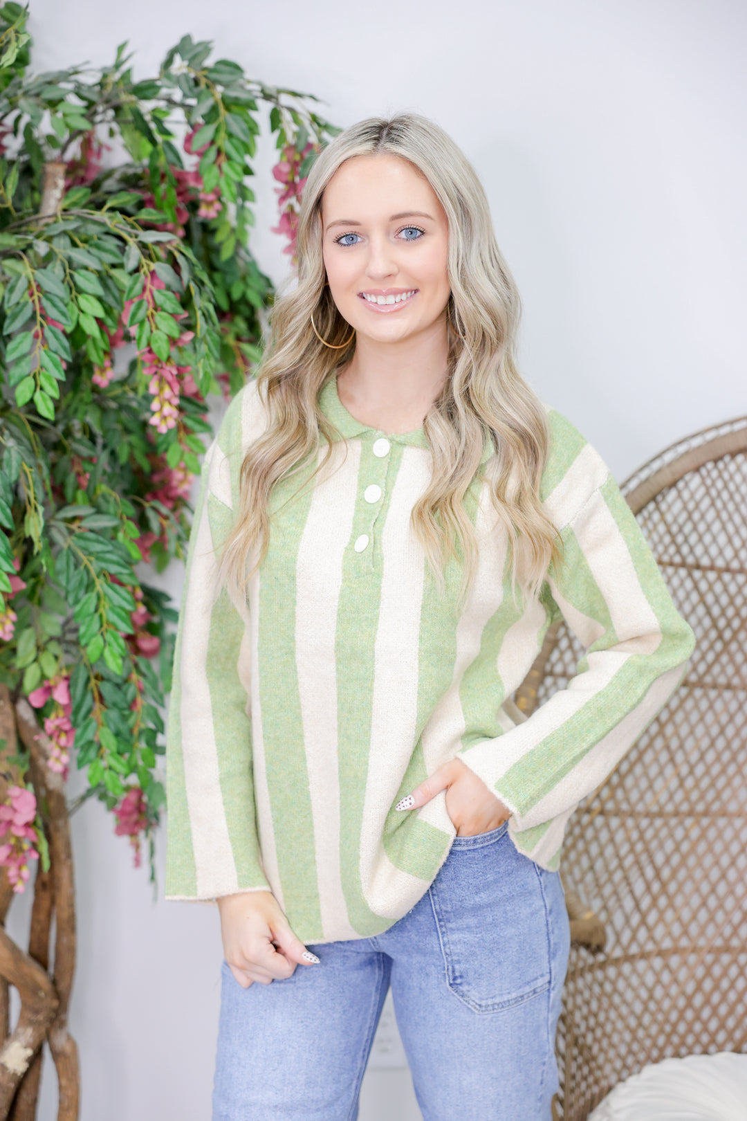 Striped Sweater Top With Front Buttoned "LT Olive"