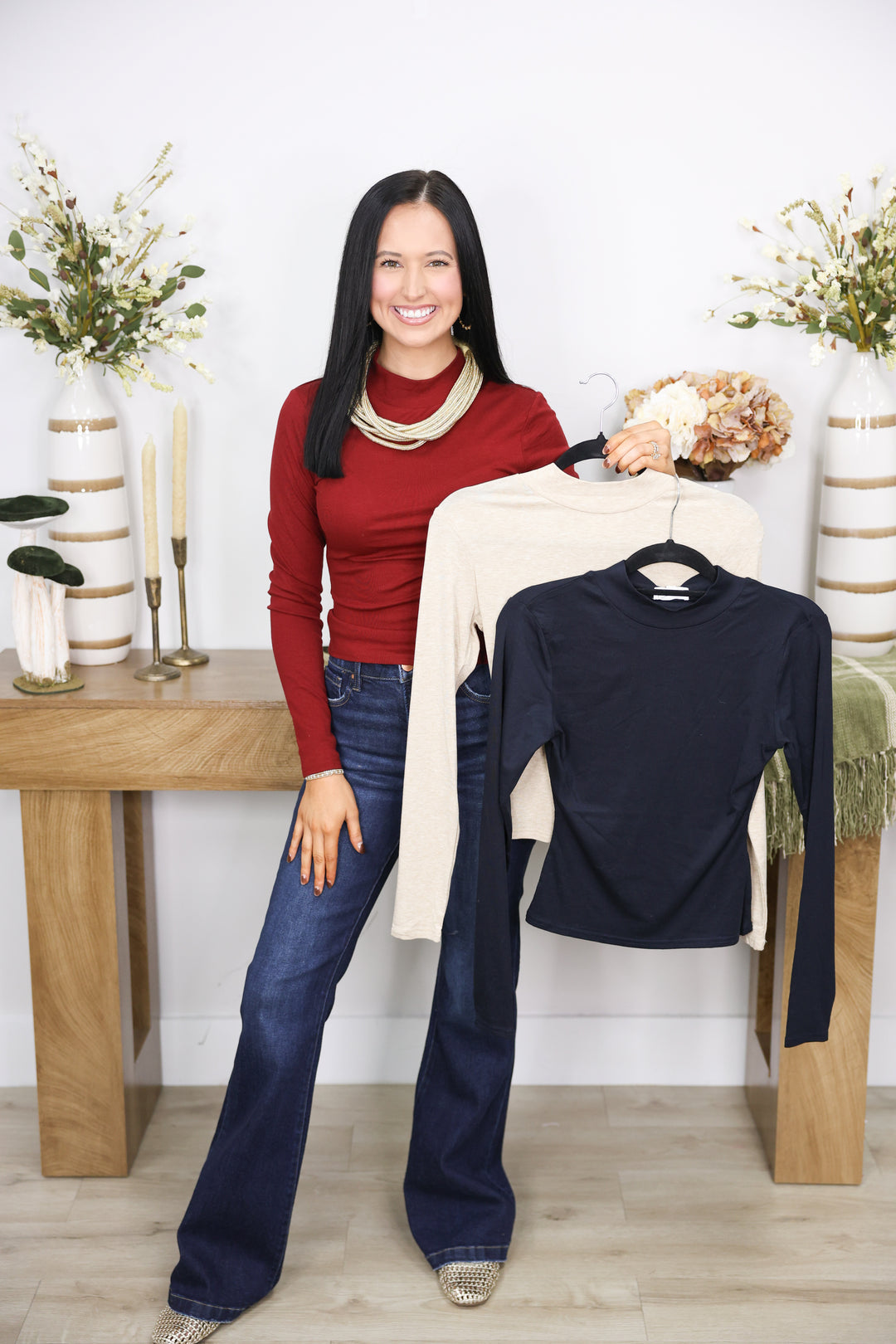 Mock Neck Long Sleeve Knit Top "Wine"