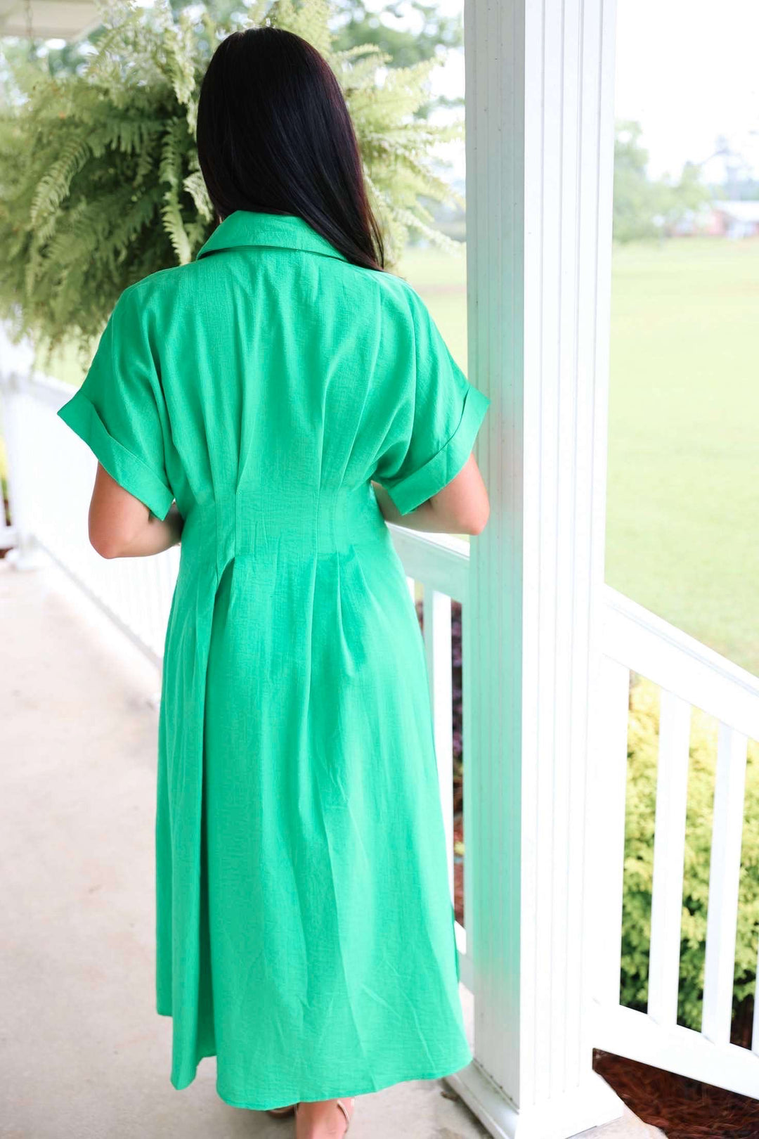 Solid Cuff Short Sleeve Pleated Midi Dress "Green"