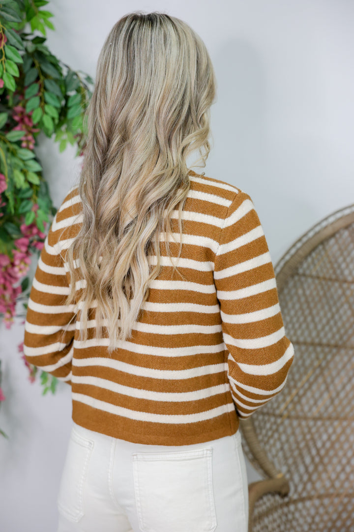 Stripe Pattern/Gold Accent Button Cardigan "Brown"