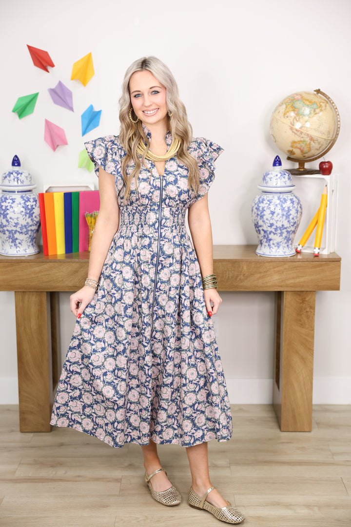 Vintage Petals Midi Dress "Navy"