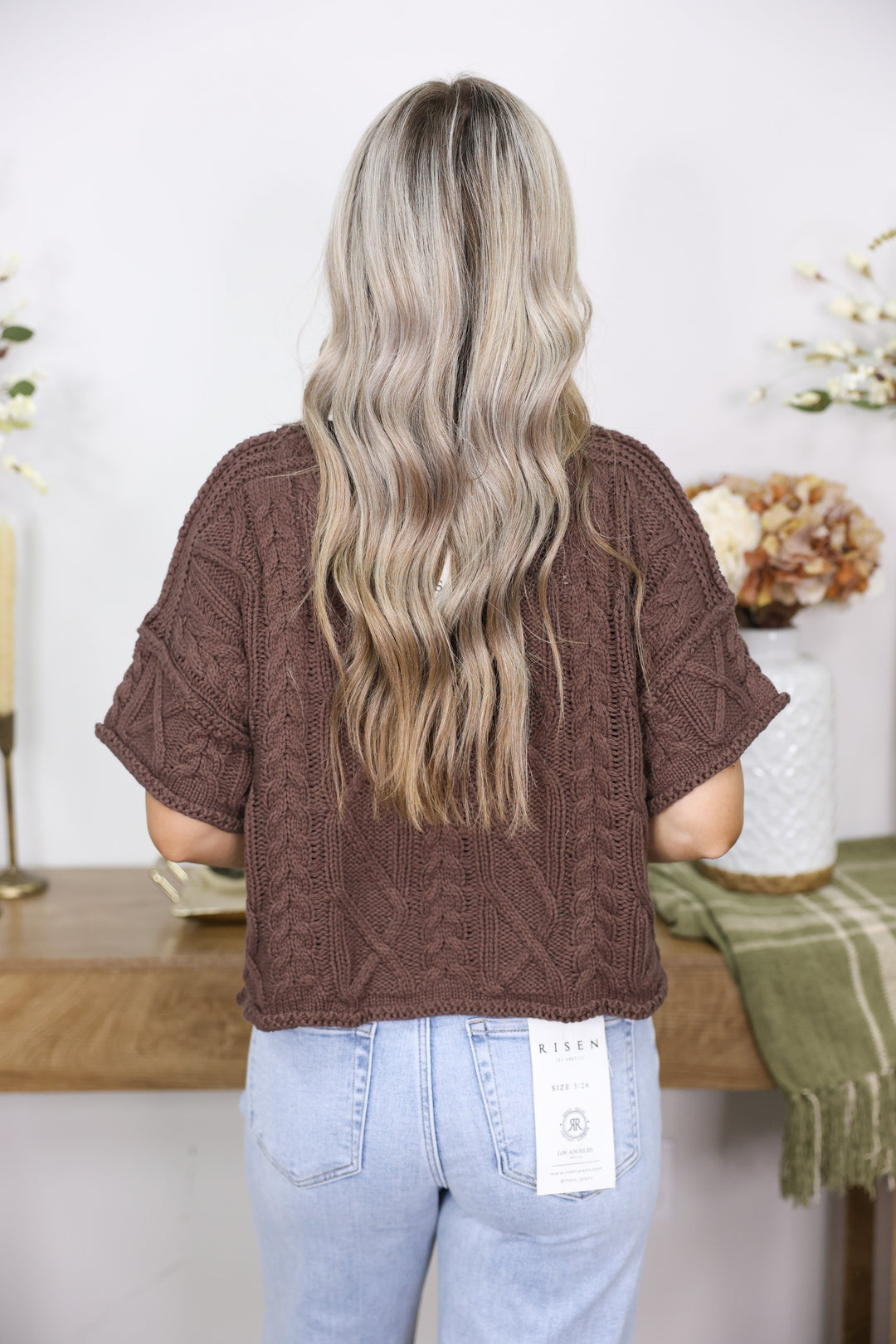 Round Neck Short Sleeve Knit Sweater Top "Brown"