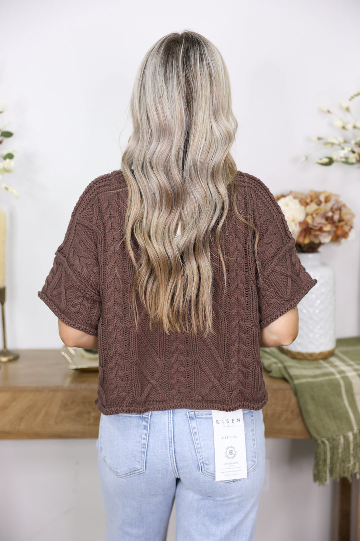 Round Neck Short Sleeve Knit Sweater Top "Brown"