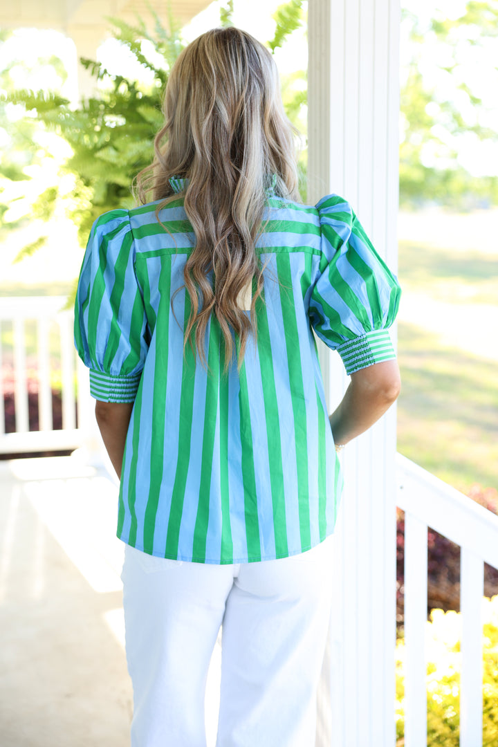 Seaside Striped Print Short Puff Sleeve Top "Green"