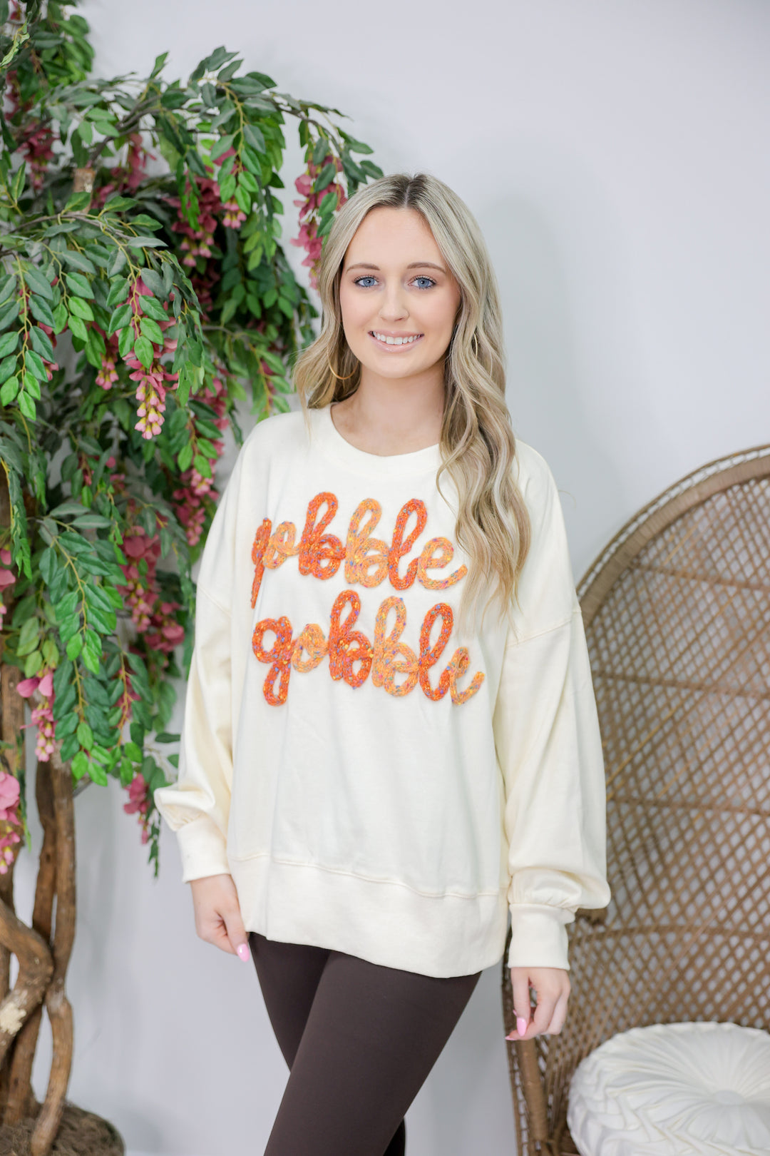 'Gobble Gobble' Thread Embroidered Oversized Sweatshirt
