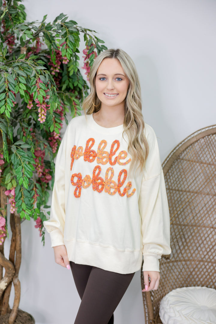'Gobble Gobble' Thread Embroidered Oversized Sweatshirt