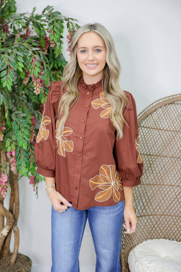 Floral Embroidery 3/4 Puff Sleeve Top "Chocolate"