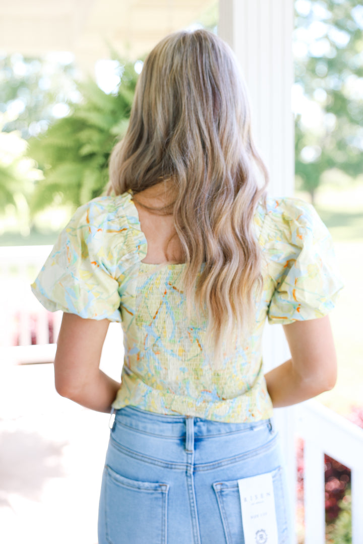 Samone Bubble Hem Sleeve Top "Yellow/Blue"
