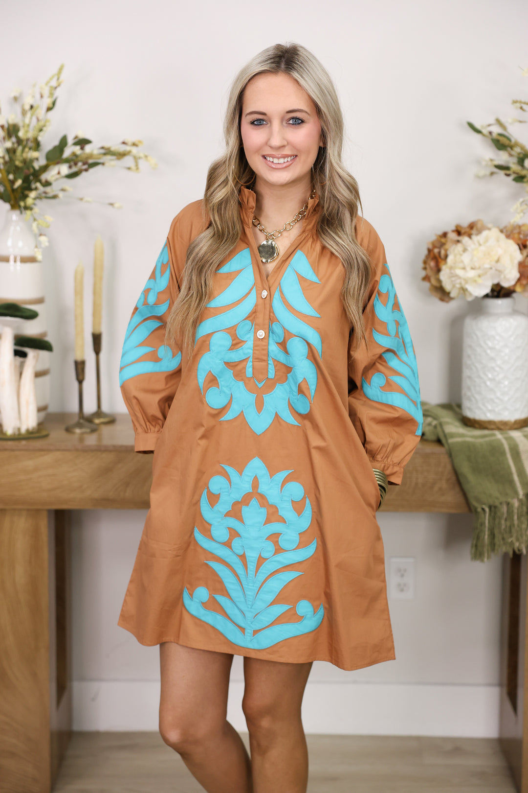 3/4 Sleeve Baroque Applique Detail Shift Dress "Toffee/Turquoise"
