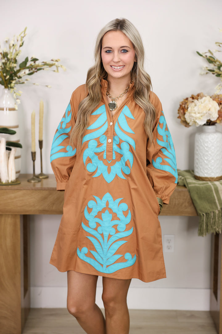 3/4 Sleeve Baroque Applique Detail Shift Dress "Toffee/Turquoise"