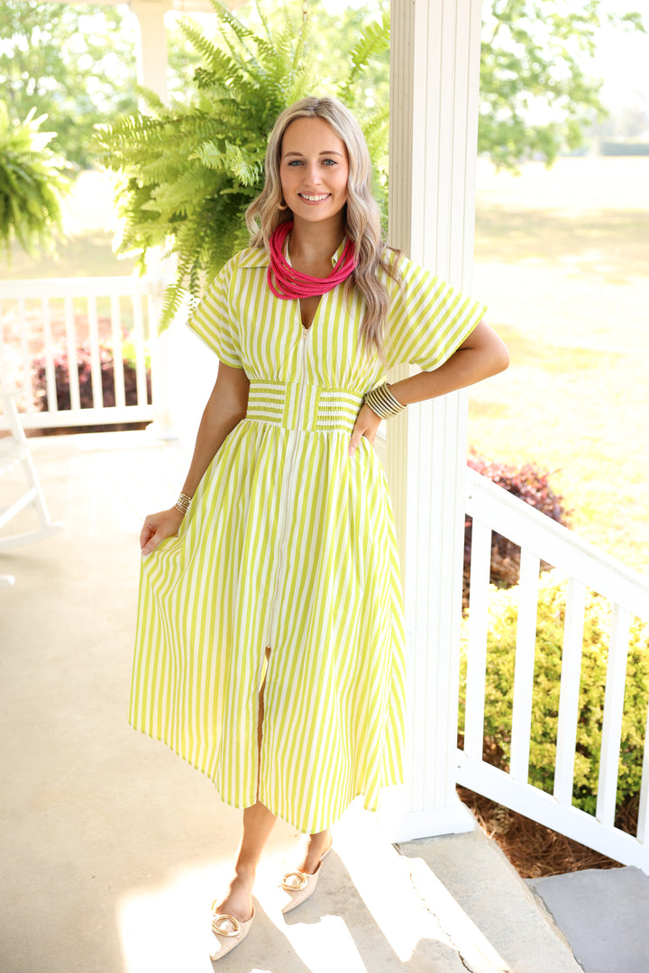 Gracious Stripes Zipper Midi Dress "Lime"